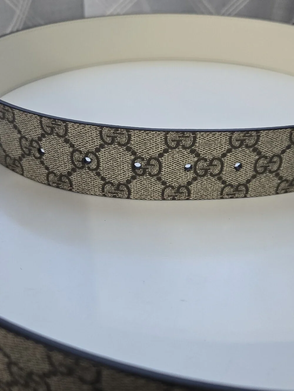 Gucci Beige GG Monogram Canvas Belt with White Double G Buckle